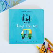 My First Hindi Words - Things That Go, Bilingual book on white background, crayons